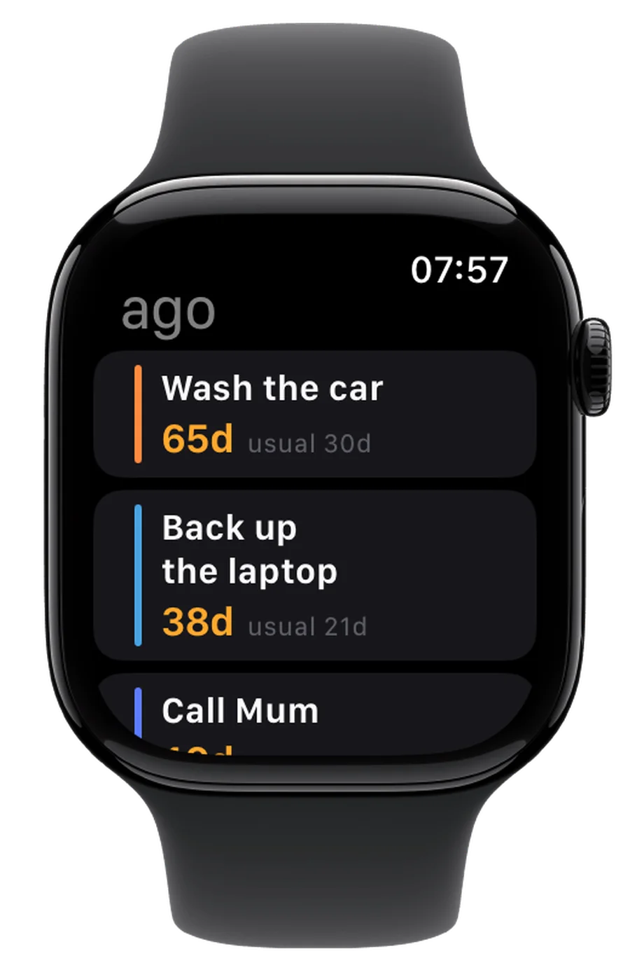The ago watch app on an Apple Watch: a list of things with the days since each, wash the car at 65 days against a usual 30