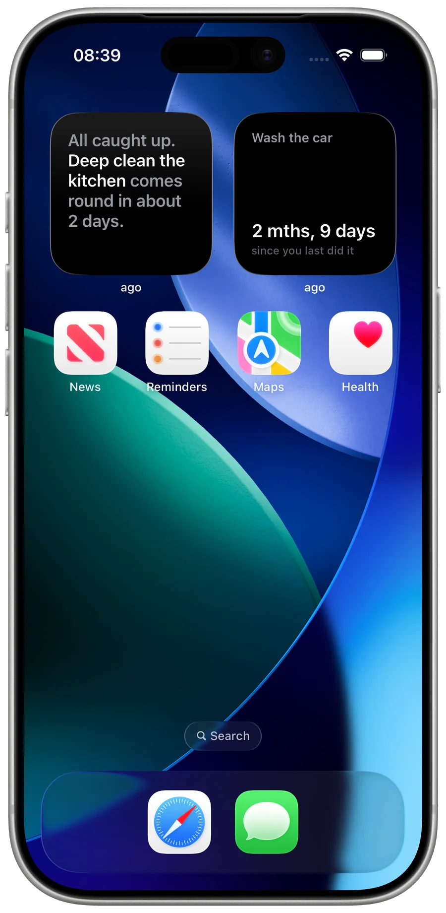 An iPhone Home Screen with two ago widgets — one summing up a group as All caught up, deep clean the kitchen comes round in about 2 days, and one showing Wash the car at 2 months, 9 days since you last did it