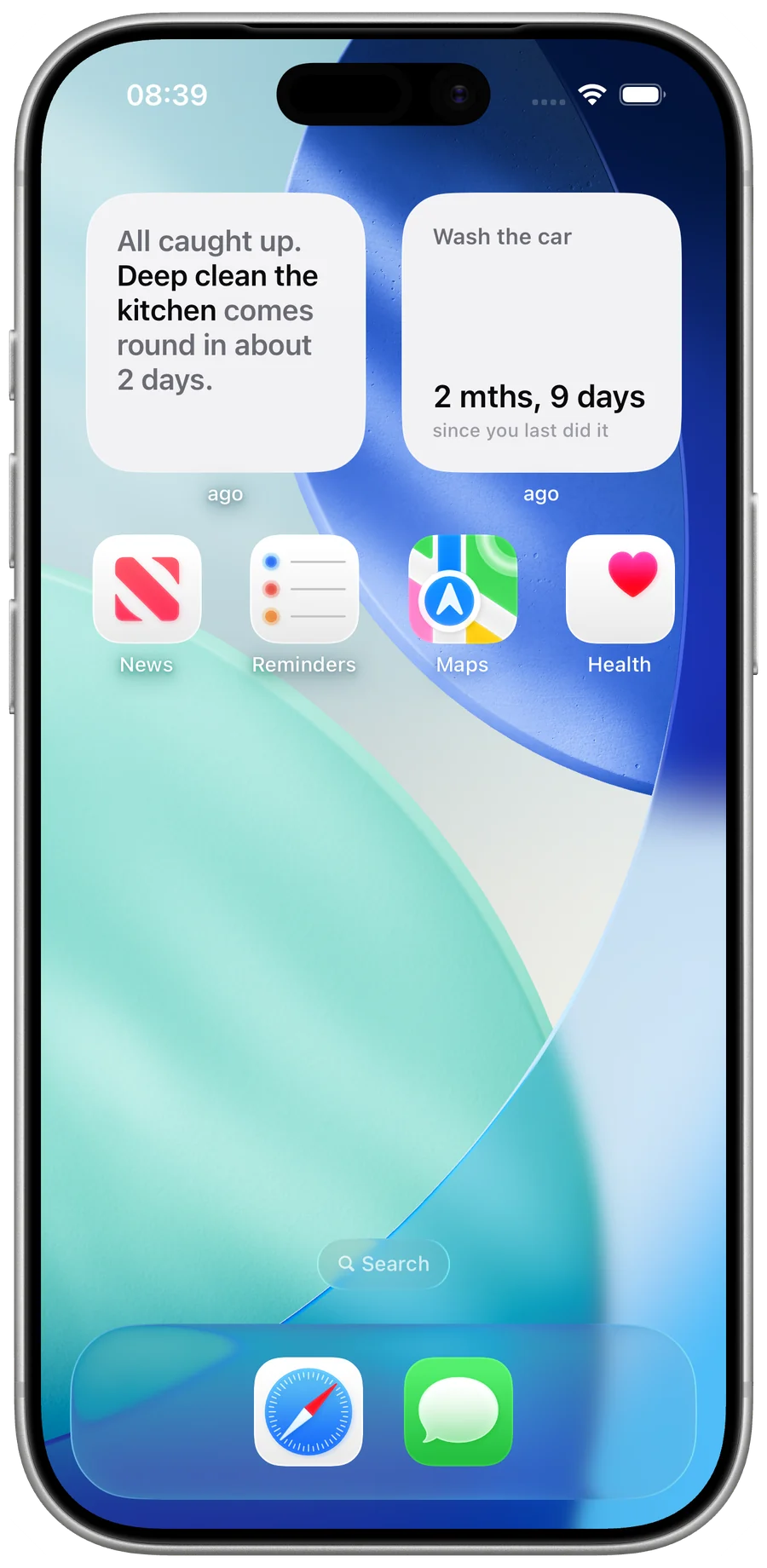 An iPhone Home Screen with two ago widgets — one summing up a group as All caught up, deep clean the kitchen comes round in about 2 days, and one showing Wash the car at 2 months, 9 days since you last did it